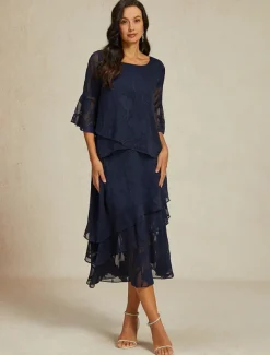 Women's Lace Shirt Blouse Dressy Tops Chiffon Tops Solid Color Elegant Stylish Basic 3/4 Length Sleeve Bell Sleeve Boat Neck Regular Tops Wedding Guest Work Daily Asymmetric Hem Navy Blue Summer