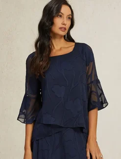 Women's Lace Shirt Blouse Dressy Tops Chiffon Tops Solid Color Elegant Stylish Basic 3/4 Length Sleeve Bell Sleeve Boat Neck Regular Tops Wedding Guest Work Daily Asymmetric Hem Navy Blue Summer