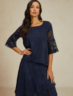 Women's Lace Shirt Blouse Dressy Tops Chiffon Tops Solid Color Elegant Stylish Basic 3/4 Length Sleeve Bell Sleeve Boat Neck Regular Tops Wedding Guest Work Daily Asymmetric Hem Navy Blue Summer