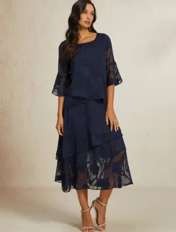 Women's Lace Shirt Blouse Dressy Tops Chiffon Tops Solid Color Elegant Stylish Basic 3/4 Length Sleeve Bell Sleeve Boat Neck Regular Tops Wedding Guest Work Daily Asymmetric Hem Navy Blue Summer