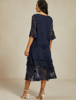 Women's Lace Shirt Blouse Dressy Tops Chiffon Tops Solid Color Elegant Stylish Basic 3/4 Length Sleeve Bell Sleeve Boat Neck Regular Tops Wedding Guest Work Daily Asymmetric Hem Navy Blue Summer