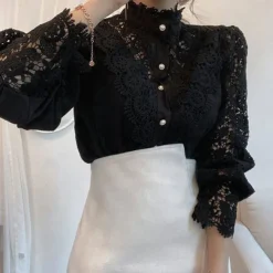 Women's Lace Shirt Blouse Eyelet top White Lace Shirt Solid Colored Elegant Fashion Elegant & Luxurious Shirt Collar Daily Hole Black White Apricot Spring Fall Winter Fall & Winter