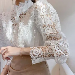 Women's Lace Shirt Blouse Eyelet top White Lace Shirt Solid Colored Elegant Fashion Elegant & Luxurious Shirt Collar Daily Hole Black White Apricot Spring Fall Winter Fall & Winter