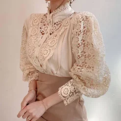 Women's Lace Shirt Blouse Eyelet top White Lace Shirt Solid Colored Elegant Fashion Elegant & Luxurious Shirt Collar Daily Hole Black White Apricot Spring Fall Winter Fall & Winter