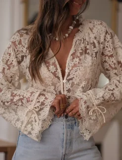 Women's Lace Splicing Top Solid Color Stylish Casual Long Sleeve V Neck Regular Tops Daily Lace Patchwork Beige Summer Spring