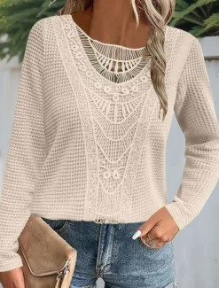 Women's Lace Splicing Top Solid Color Stylish Casual Long Sleeve Crew Neck Regular Tops Daily Lace Patchwork Pink Wine Blue Fuchsia Orange Summer Spring Fall