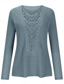 Women's Lace Splicing Top Solid Color Stylish Casual Long Sleeve Crew Neck Regular Tops Daily Lace Patchwork Pink Wine Blue Fuchsia Orange Summer Spring Fall