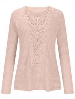Women's Lace Splicing Top Solid Color Stylish Casual Long Sleeve Crew Neck Regular Tops Daily Lace Patchwork Pink Wine Blue Fuchsia Orange Summer Spring Fall