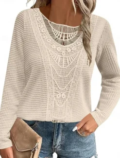 Women's Lace Splicing Top Solid Color Stylish Casual Long Sleeve Crew Neck Regular Tops Daily Lace Patchwork Pink Wine Blue Fuchsia Orange Summer Spring Fall