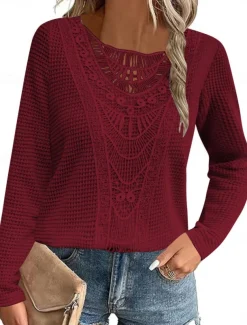 Women's Lace Splicing Top Solid Color Stylish Casual Long Sleeve Crew Neck Regular Tops Daily Lace Patchwork Pink Wine Blue Fuchsia Orange Summer Spring Fall