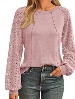 Women's Lace Splicing Top Solid Color Stylish Casual Long Sleeve Crew Neck Regular Tops Daily Lace Patchwork Black Pink Wine Green Summer Spring