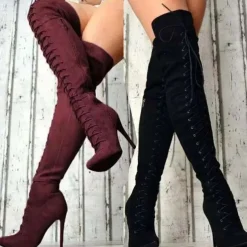 Women's Lace-Up Over-the-Knee Boots - Black & Burgundy Thigh-High Stiletto Heels for Winter Fashion and Night Out