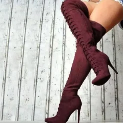 Women's Lace-Up Over-the-Knee Boots - Black & Burgundy Thigh-High Stiletto Heels for Winter Fashion and Night Out
