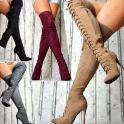 Women's Lace-Up Over-the-Knee Boots - Black & Burgundy Thigh-High Stiletto Heels for Winter Fashion and Night Out