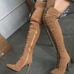 Women's Lace-Up Over-the-Knee Boots - Black & Burgundy Thigh-High Stiletto Heels for Winter Fashion and Night Out