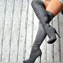 Women's Lace-Up Over-the-Knee Boots - Black & Burgundy Thigh-High Stiletto Heels for Winter Fashion and Night Out