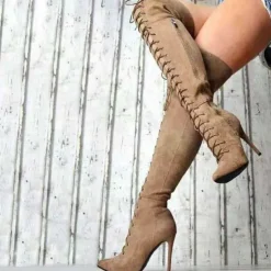 Women's Lace-Up Over-the-Knee Boots - Black & Burgundy Thigh-High Stiletto Heels for Winter Fashion and Night Out