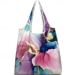 Women's Large Abstract Floral Print Tote Bag – Reusable Foldable Shopping Bag with Artistic Design for Everyday Use