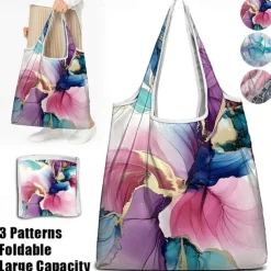 Women's Large Abstract Floral Print Tote Bag – Reusable Foldable Shopping Bag with Artistic Design for Everyday Use