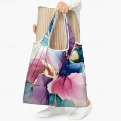Women's Large Abstract Floral Print Tote Bag – Reusable Foldable Shopping Bag with Artistic Design for Everyday Use