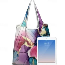 Women's Large Abstract Floral Print Tote Bag – Reusable Foldable Shopping Bag with Artistic Design for Everyday Use