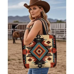 Women's Large Printed Tote Bag with Zipper Pocket, Bohemian Tribal Pattern, Durable Polyester Shoulder Bag for Travel, Shopping and Daily Use