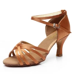 Women's Latin Dance Shoes – Tan Satin Strappy Ballroom Heels with Ankle Strap for Salsa, Bachata & Practice
