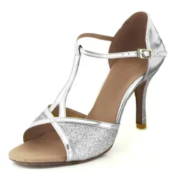 Women's Latin Dance Shoes Salsa Shoes Performance Indoor Sparkling Shoes Sandal Glitter Buckle T-Strap Black Red Silver