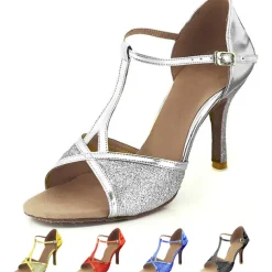 Women's Latin Dance Shoes Salsa Shoes Performance Indoor Sparkling Shoes Sandal Glitter Buckle T-Strap Black Red Silver