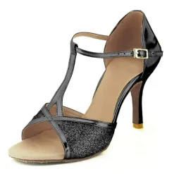 Women's Latin Dance Shoes Salsa Shoes Performance Indoor Sparkling Shoes Sandal Glitter Buckle T-Strap Black Red Silver
