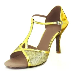 Women's Latin Dance Shoes Salsa Shoes Performance Indoor Sparkling Shoes Sandal Glitter Buckle T-Strap Black Red Silver