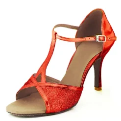 Women's Latin Dance Shoes Salsa Shoes Performance Indoor Sparkling Shoes Sandal Glitter Buckle T-Strap Black Red Silver