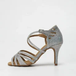 Women's Latin Dance Shoes Professional Ballroom Dance ChaCha Party Collections Heel Sandals Flashing Shoes Party Professional Sparkling Glitter Buckle Crystals Flared Heel Open Toe Buckle Adults'