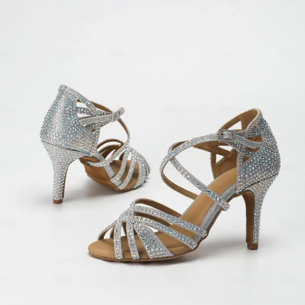 Women's Latin Dance Shoes Professional Ballroom Dance ChaCha Party Collections Heel Sandals Flashing Shoes Party Professional Sparkling Glitter Buckle Crystals Flared Heel Open Toe Buckle Adults'