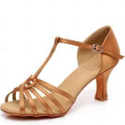 Women's Latin Dance Shoes with Strappy Design, Satin Open-Toe Ballroom Heels for Professional and Social Dancing