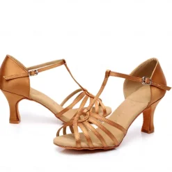 Women's Latin Dance Shoes with Strappy Design, Satin Open-Toe Ballroom Heels for Professional and Social Dancing