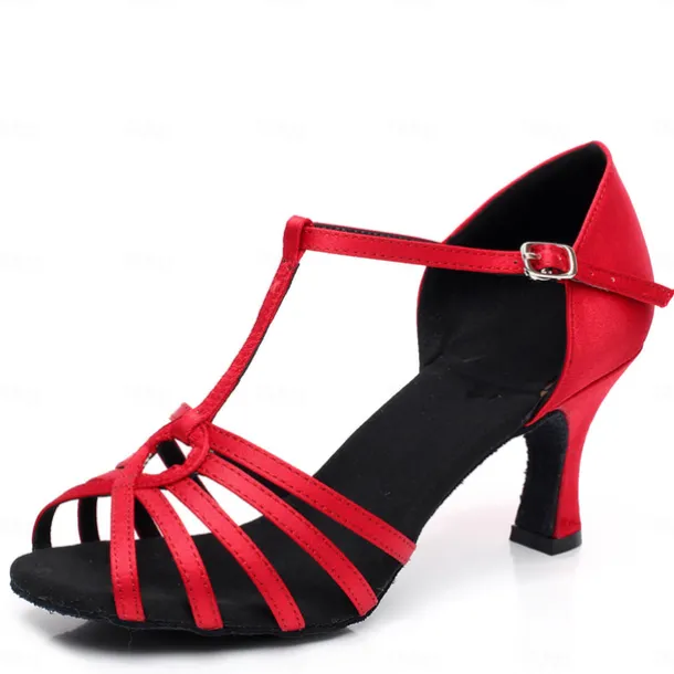 Women's Latin Dance Shoes with Strappy Design, Satin Open-Toe Ballroom Heels for Professional and Social Dancing