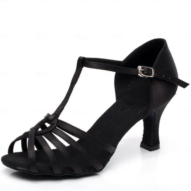 Women's Latin Dance Shoes with Strappy Design, Satin Open-Toe Ballroom Heels for Professional and Social Dancing