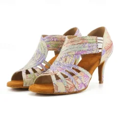 Women's Latin Dance Shoes Prom Professional Ballroom Dance Fashion Sandals Party Collections Pattern / Print Heel Pattern / Print Splicing High Heel Peep Toe Cross Strap Adults' Almond Light Red