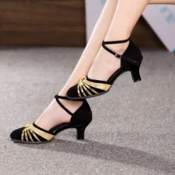 Women's Latin Dance Shoes – Black Suede Ballroom Heels with Gold Straps, Ankle Strap, and Suede Sole for Salsa, Tango, and Performance