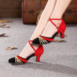 Women's Latin Dance Shoes – Black Suede Ballroom Heels with Gold Straps, Ankle Strap, and Suede Sole for Salsa, Tango, and Performance