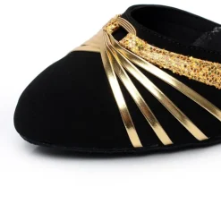 Women's Latin Dance Shoes – Black Suede Ballroom Heels with Gold Straps, Ankle Strap, and Suede Sole for Salsa, Tango, and Performance