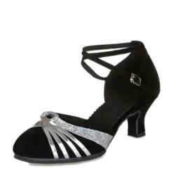 Women's Latin Dance Shoes – Black Suede Ballroom Heels with Gold Straps, Ankle Strap, and Suede Sole for Salsa, Tango, and Performance