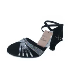 Women's Latin Dance Shoes – Black Suede Ballroom Heels with Gold Straps, Ankle Strap, and Suede Sole for Salsa, Tango, and Performance