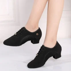 Women's Latin Dance Shoes Practice Trainning Dance Shoes Performance Training Heel Cuban Heel Pointed Toe Lace-up Adults' Black
