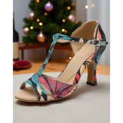 Women's Latin Dance Shoes with Low Heels - Colorful T-Strap Professional Ballroom Sandals for Salsa, Rumba, and Practice Training