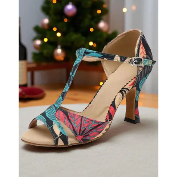 Women's Latin Dance Shoes with Low Heels - Colorful T-Strap Professional Ballroom Sandals for Salsa, Rumba, and Practice Training