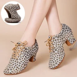 Women's Latin Shoes Practice Trainning Dance Shoes Performance Training Heel Cuban Heel Round Toe Lace-up Adults' Black Brown