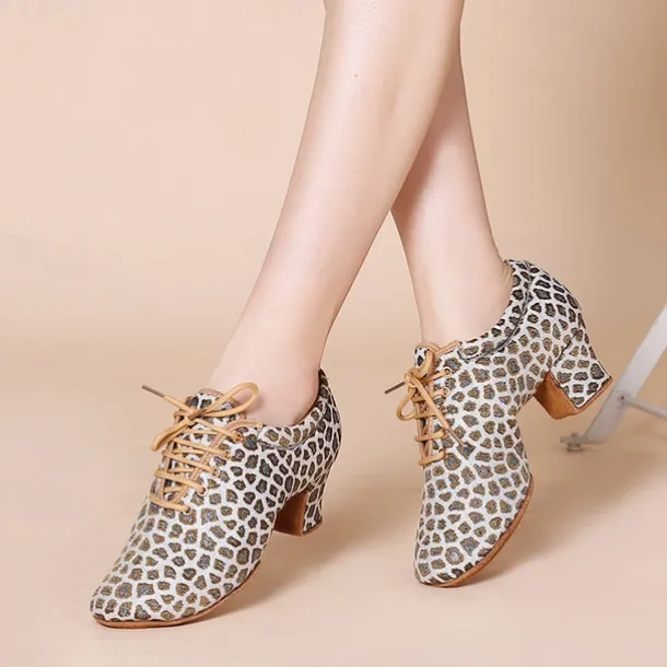 Women's Latin Shoes Practice Trainning Dance Shoes Performance Training Heel Cuban Heel Round Toe Lace-up Adults' Black Brown