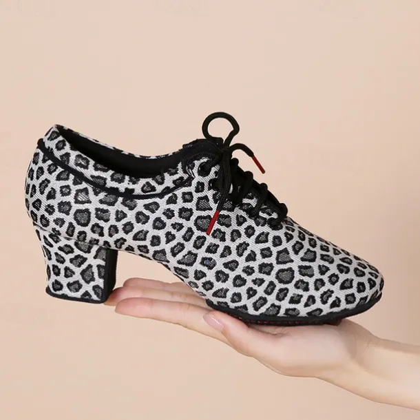 Women's Latin Shoes Practice Trainning Dance Shoes Performance Training Heel Cuban Heel Round Toe Lace-up Adults' Black Brown